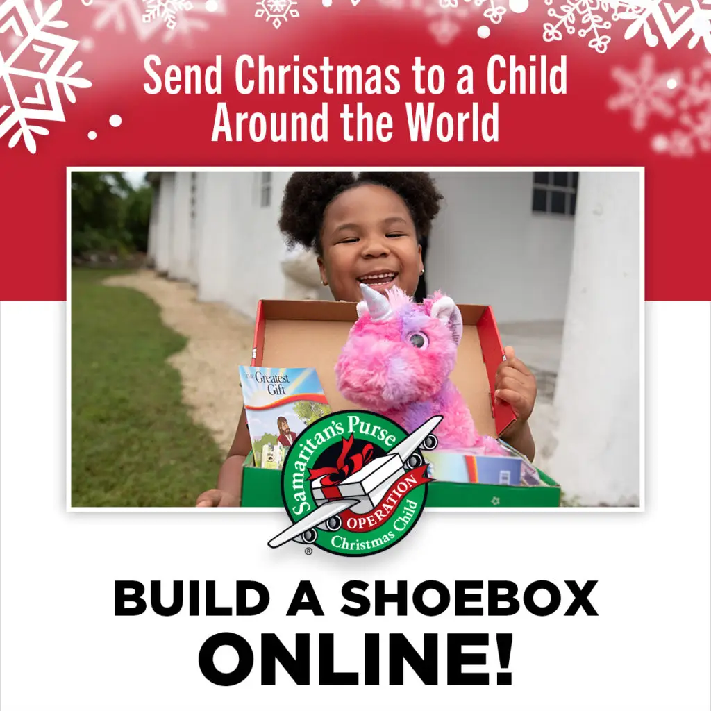 Christmas themed graphic promoting Operation Christmas Child